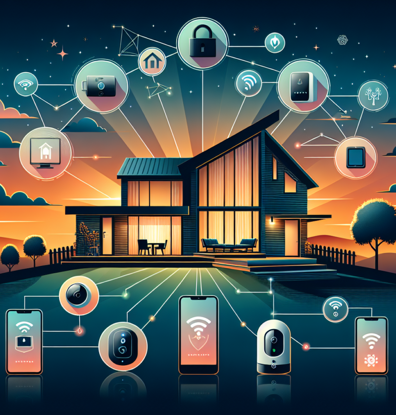 "Smart home security devices on display, showcasing the latest advancements in technology including smart cameras, motion sensors, and alarm systems, enhancing home safety and convenience."